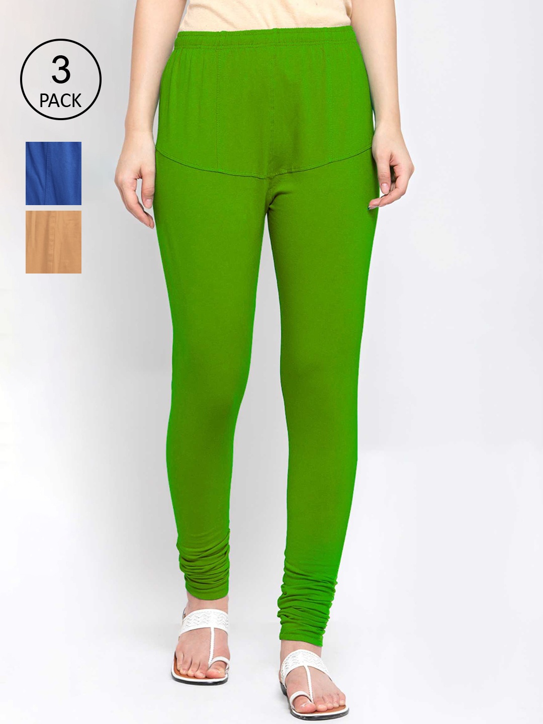 

KLOTTHE Women Pack Of 3 Solid Cotton Churidar-Length Leggings, Green