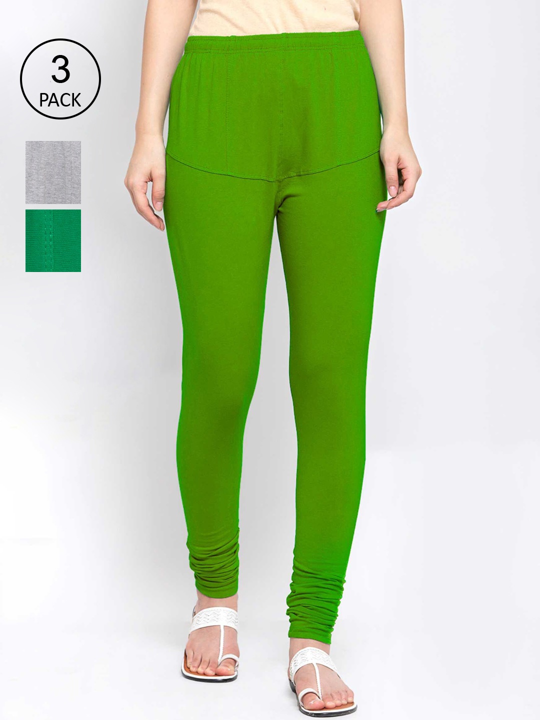 

KLOTTHE Women Pack Of 3 Solid Cotton Churidar-Length Leggings, Green