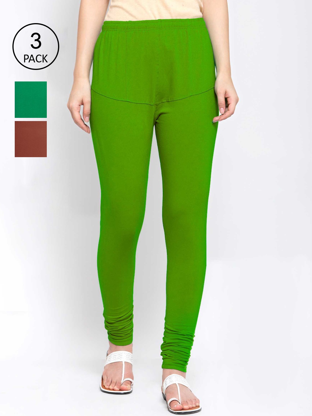 

KLOTTHE Women Pack Of 3 Solid Cotton Churidar-Length Leggings, Green