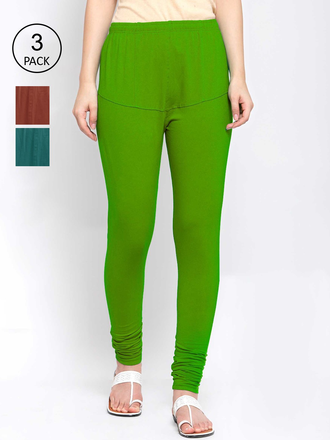 

KLOTTHE Women Pack Of 3 Solid Cotton Churidar-Length Leggings, Green