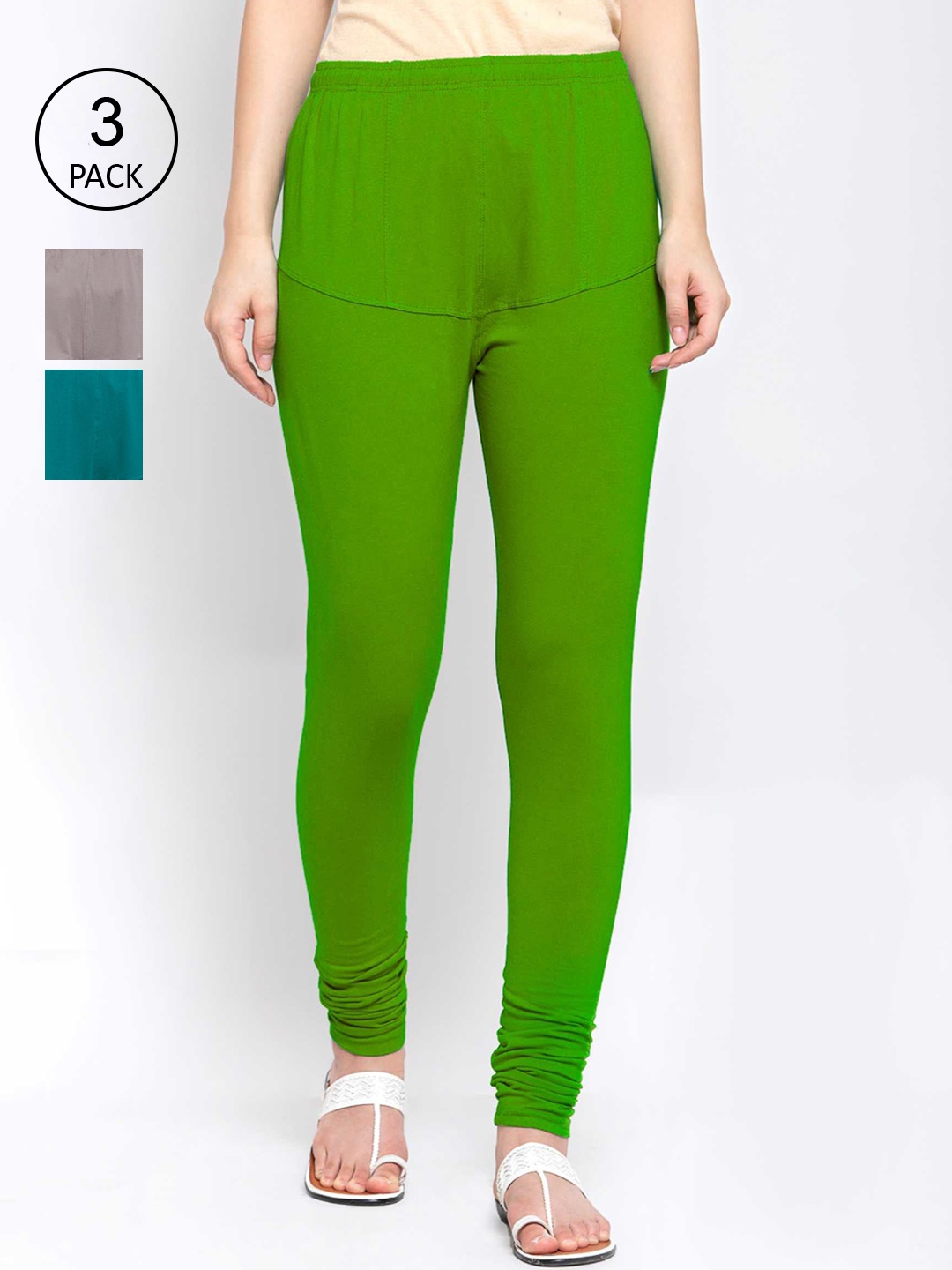 

KLOTTHE Pack of 3 Solid Cotton Churidar-Length Leggings, Teal