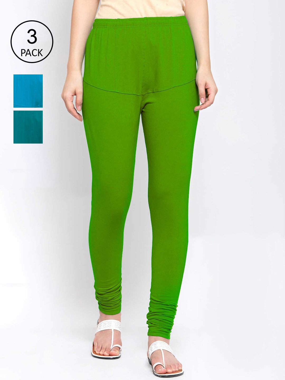

KLOTTHE Women Pack Of 3 Multicoloured Solid Cotton Churidar-Length Leggings, Green