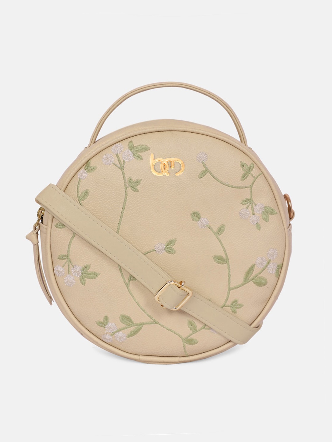 

Bagsy Malone Beige Floral Embroidered PU Full Moon Sling Bag