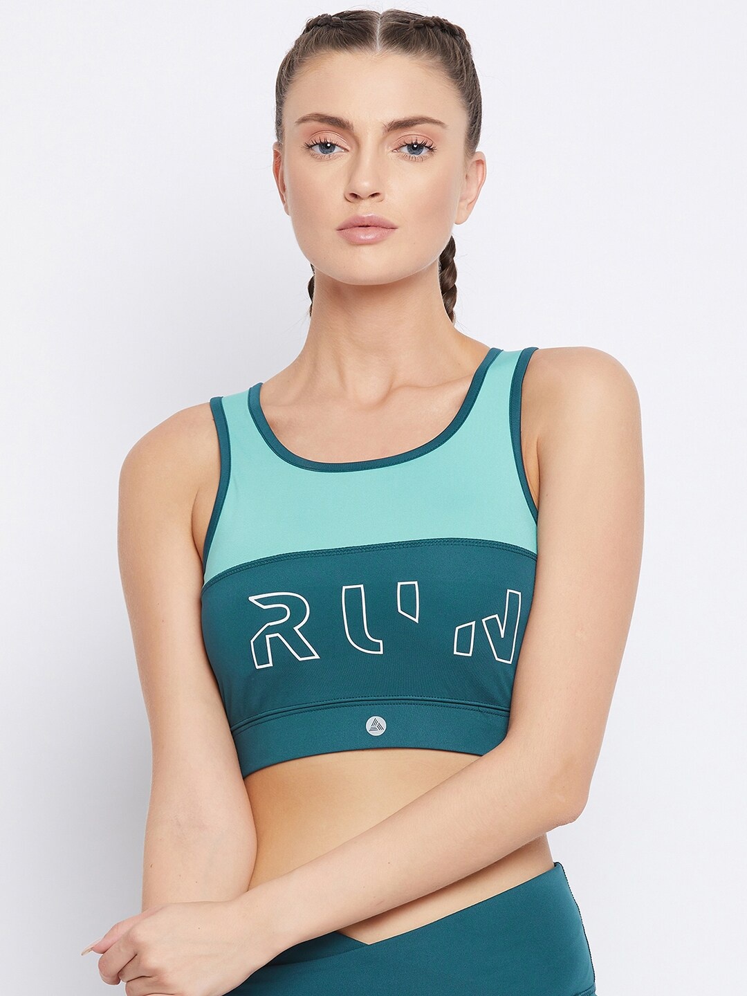 

ATHLISIS Teal Green & Blue Colourblocked Workout Bra - Lightly Padded