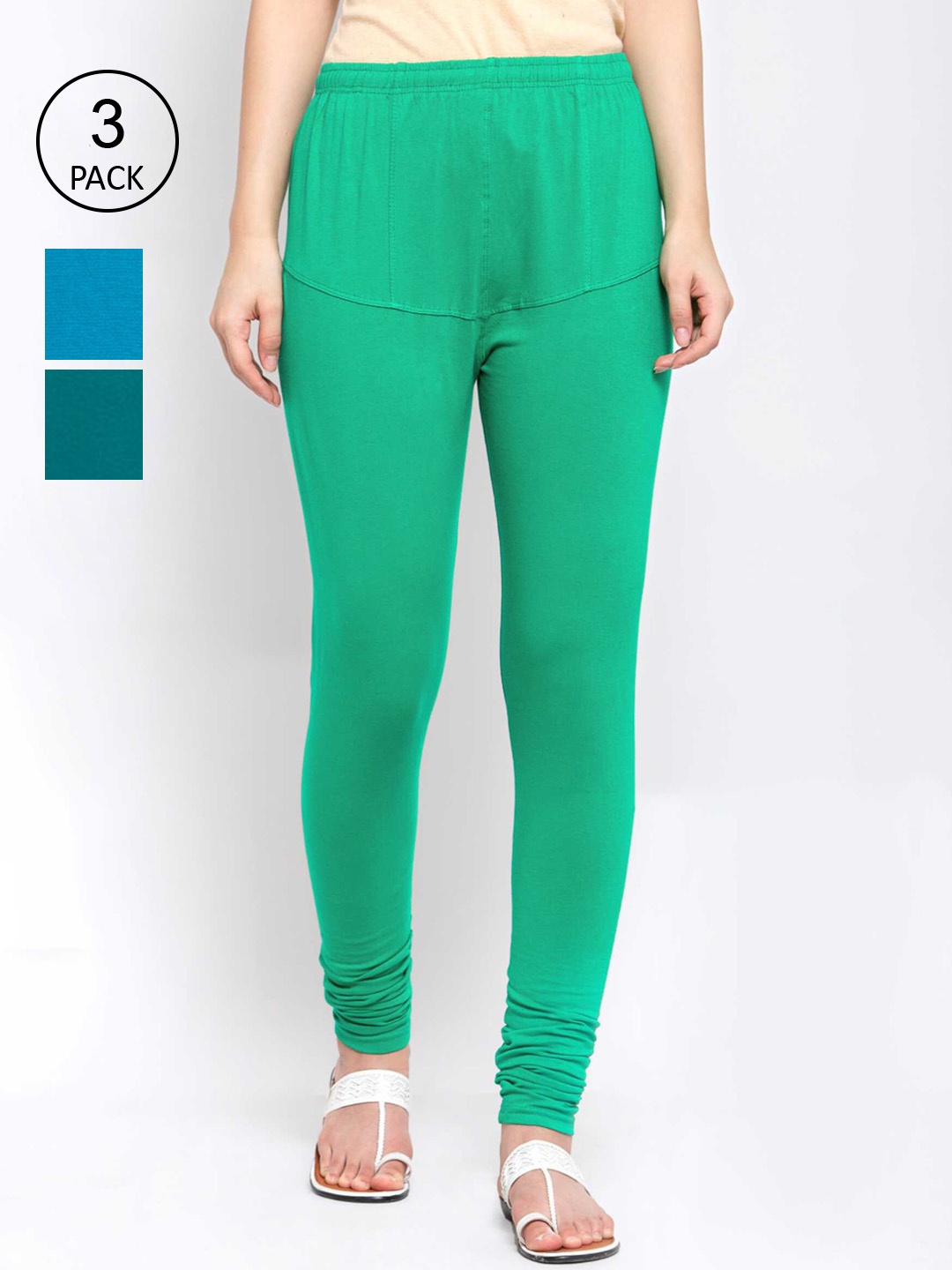 

KLOTTHE Women Pack Of 3 Solid Cotton Churidar-Length Leggings, Green