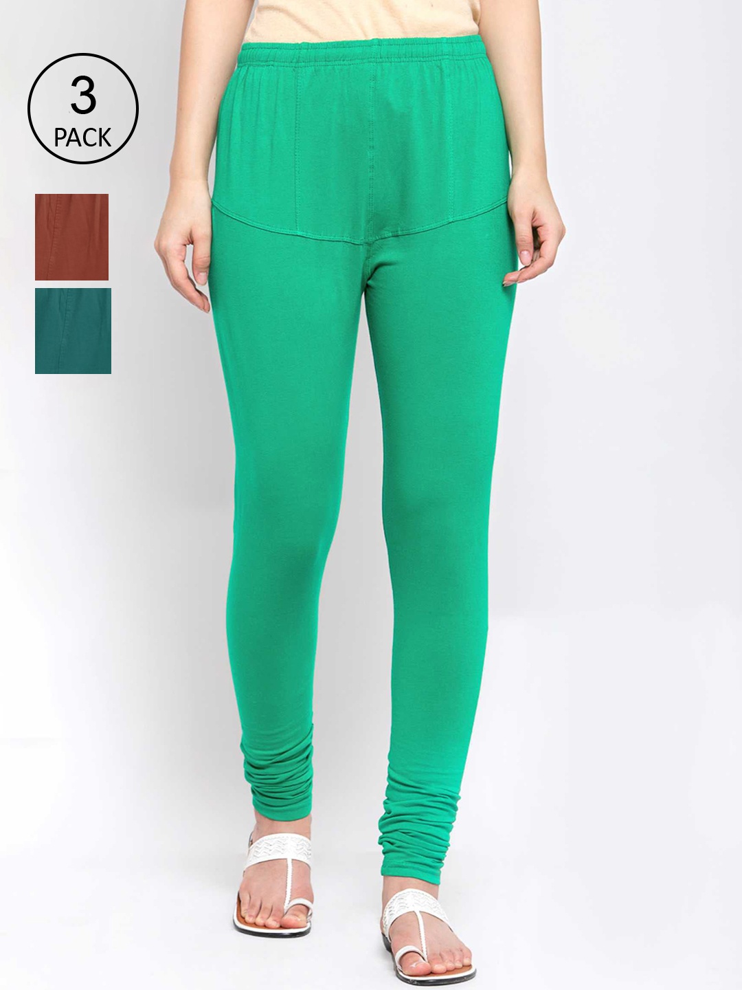 

KLOTTHE Women Pack Of 3 Solid Cotton Churidar-Length Leggings, Green