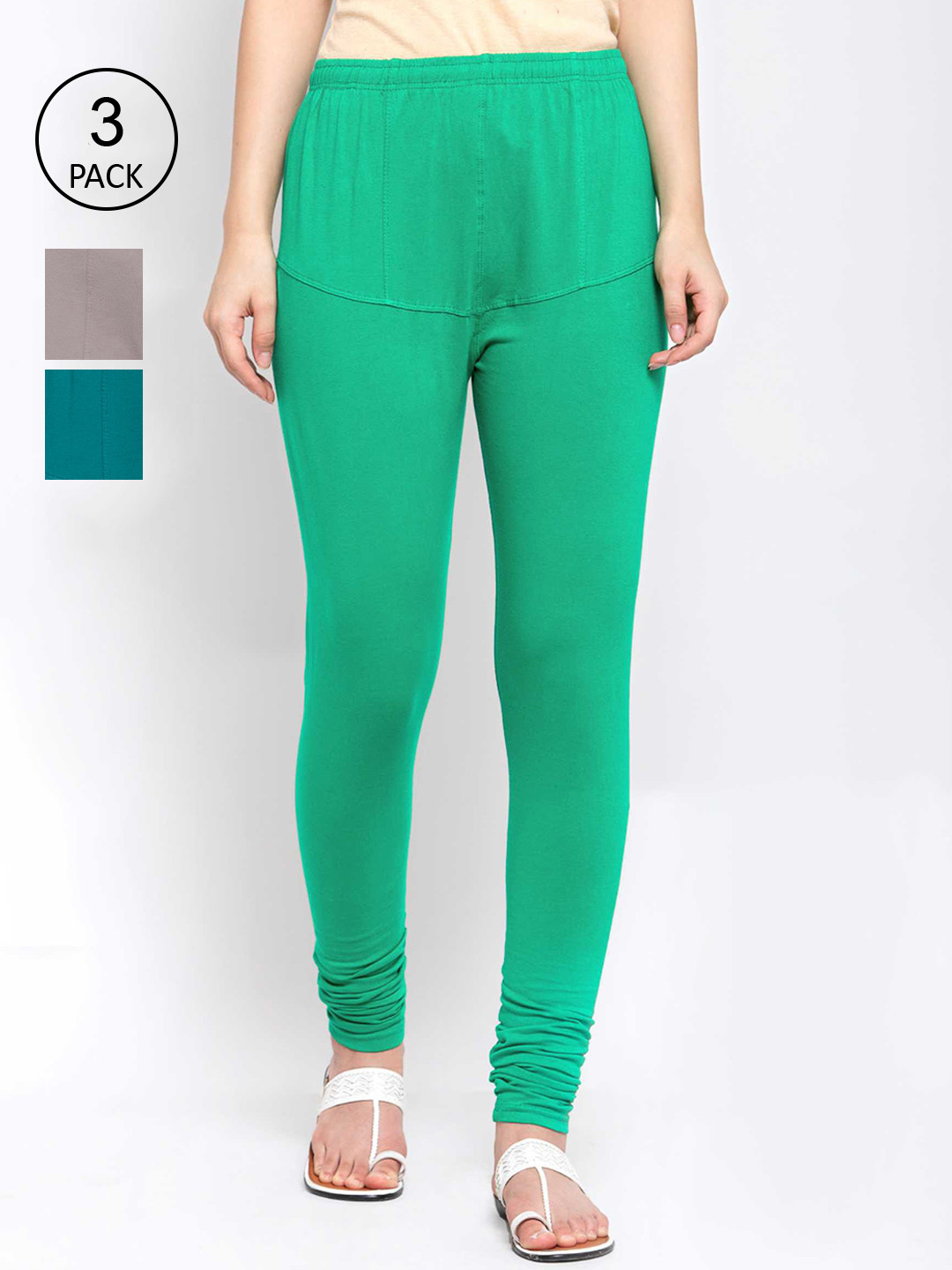 

KLOTTHE Women Pack Of 3 Solid Cotton Churidar-Length Leggings, Green