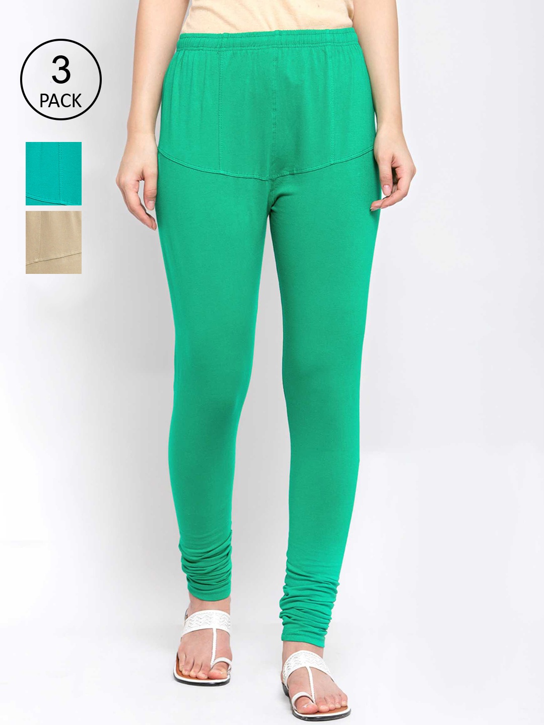 

KLOTTHE Women Pack Of 3 Multicoloured Solid Cotton Churidar-Length Leggings, Green