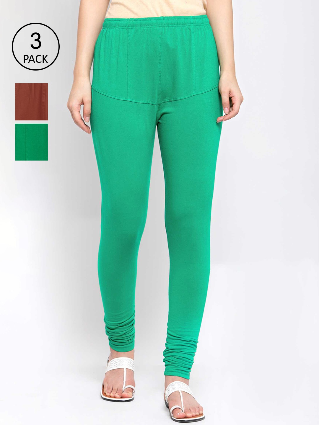 

KLOTTHE Women Pack Of 3 Solid Cotton Churidar-Length Leggings, Green