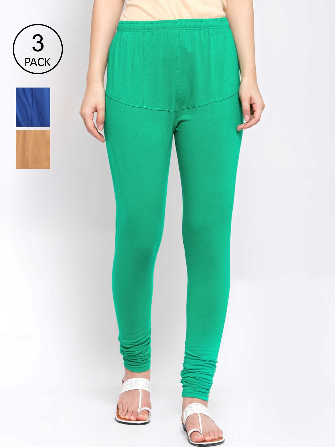 

KLOTTHE Women Pack Of 3 Solid Cotton Churidar-Length Leggings, Green