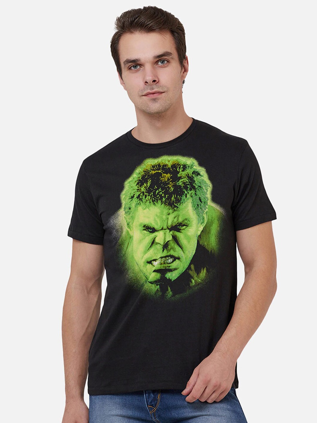 

Free Authority Men Black Green Hulk Printed Pure Cotton T-shirt