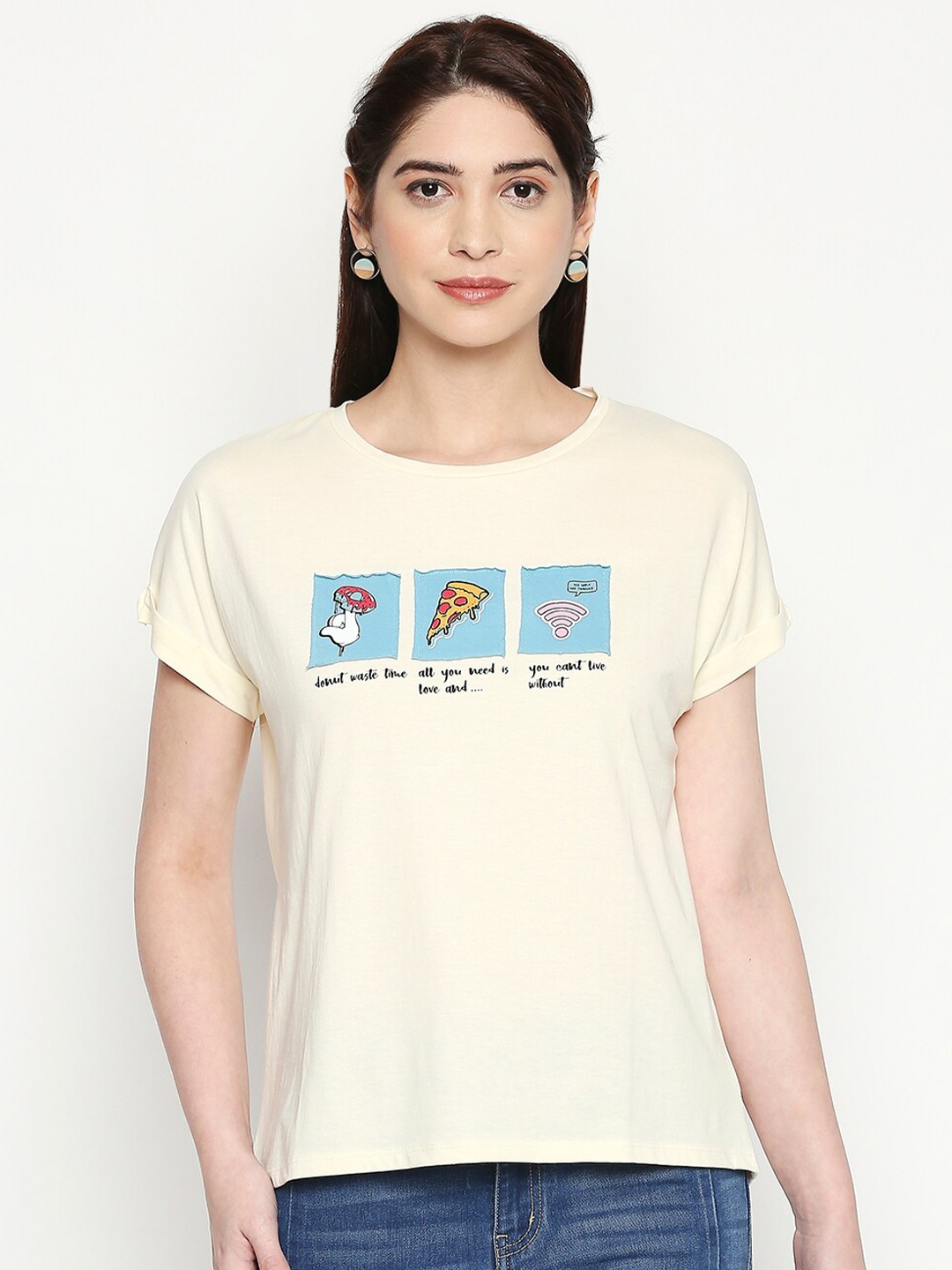 

People Women Cream-Coloured Printed Cotton T-shirt