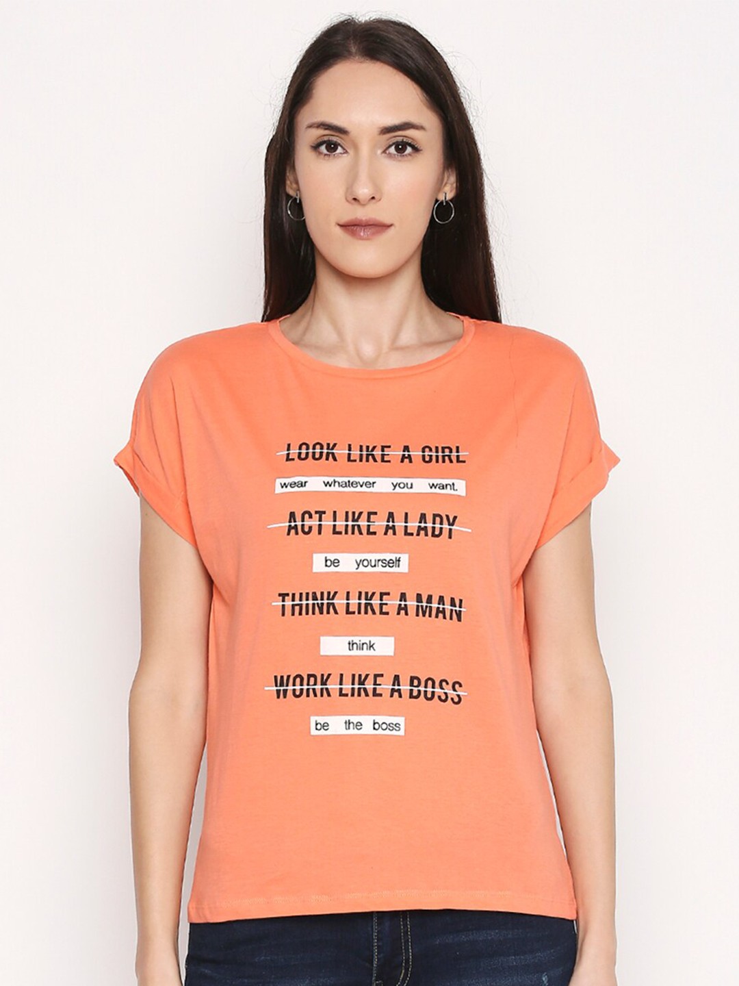 People Women Peach-Coloured Typography Printed Extended Sleeves T-shirt