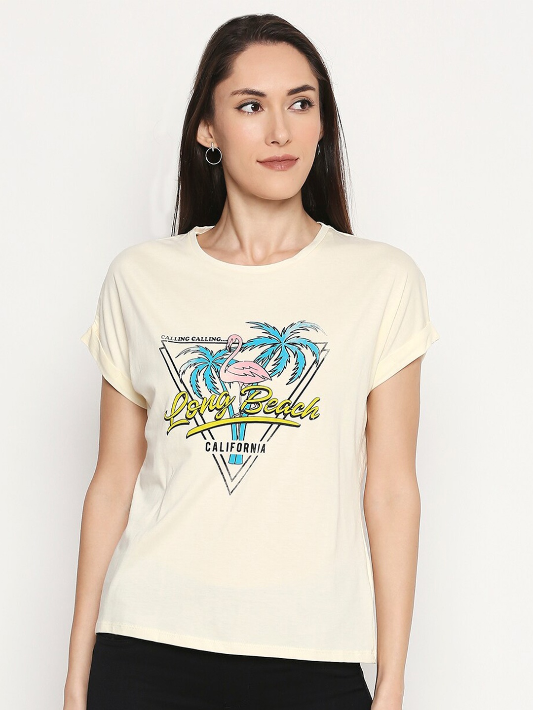 

People Women Cream-Coloured Printed T-shirt