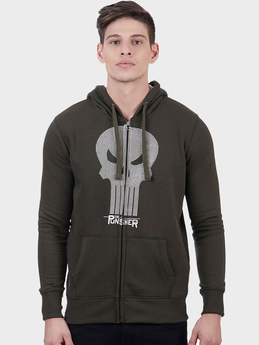 

Free Authority Men Olive Green Punisher Printed Hooded Sweatshirt