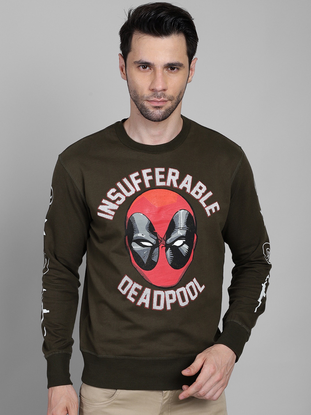 

Free Authority Men Olive Green Deadpool Printed Cotton Sweatshirt