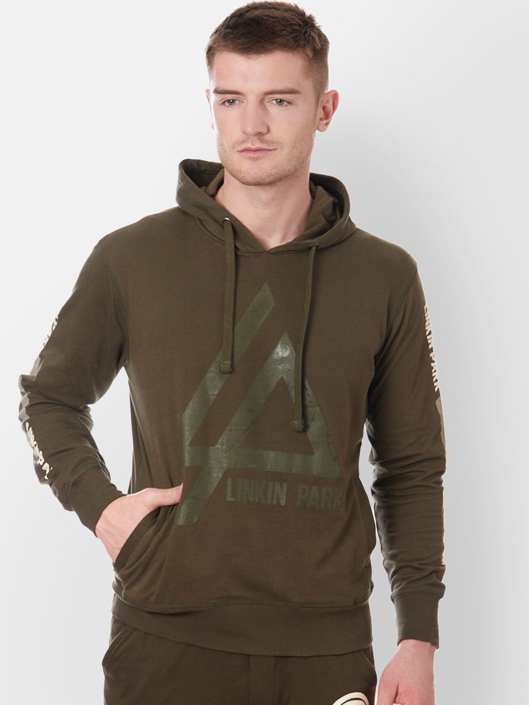 

Free Authority Men Olive Green Linkin Park Printed Hooded Cotton Sweatshirt