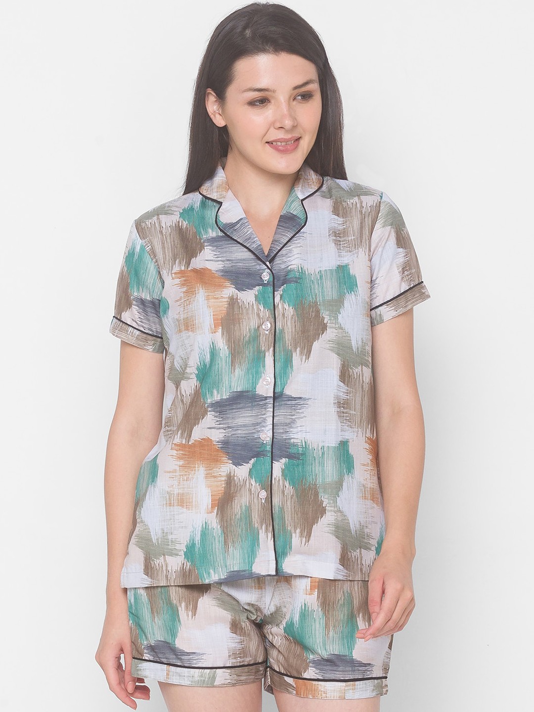 

FashionRack Women Beige & Brown Abstract Printed Pure Cotton Night Suit