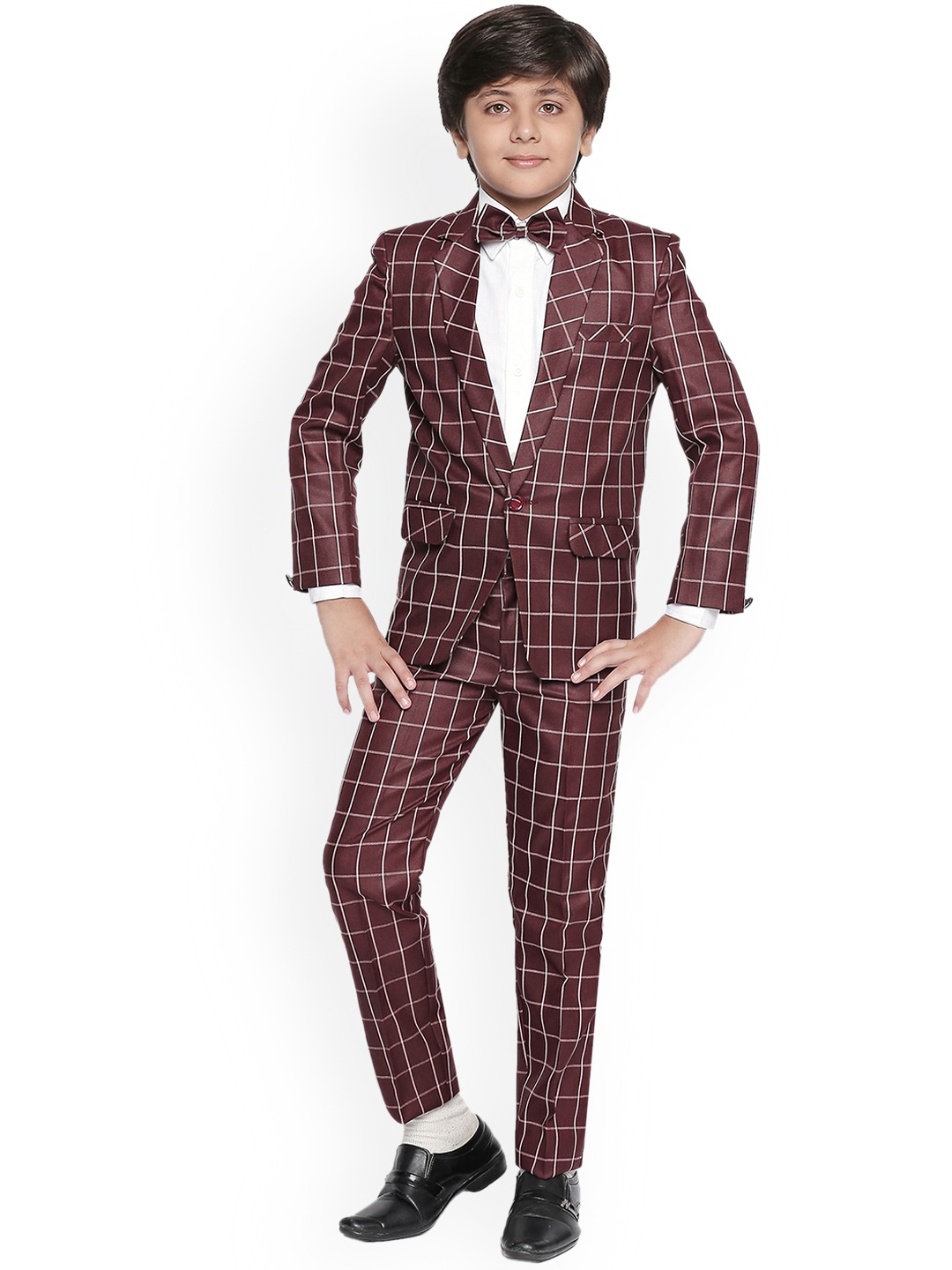 

Jeetethnics Boys Burgundy & White Checked 3-Piece Single-Breasted Partywear Suit