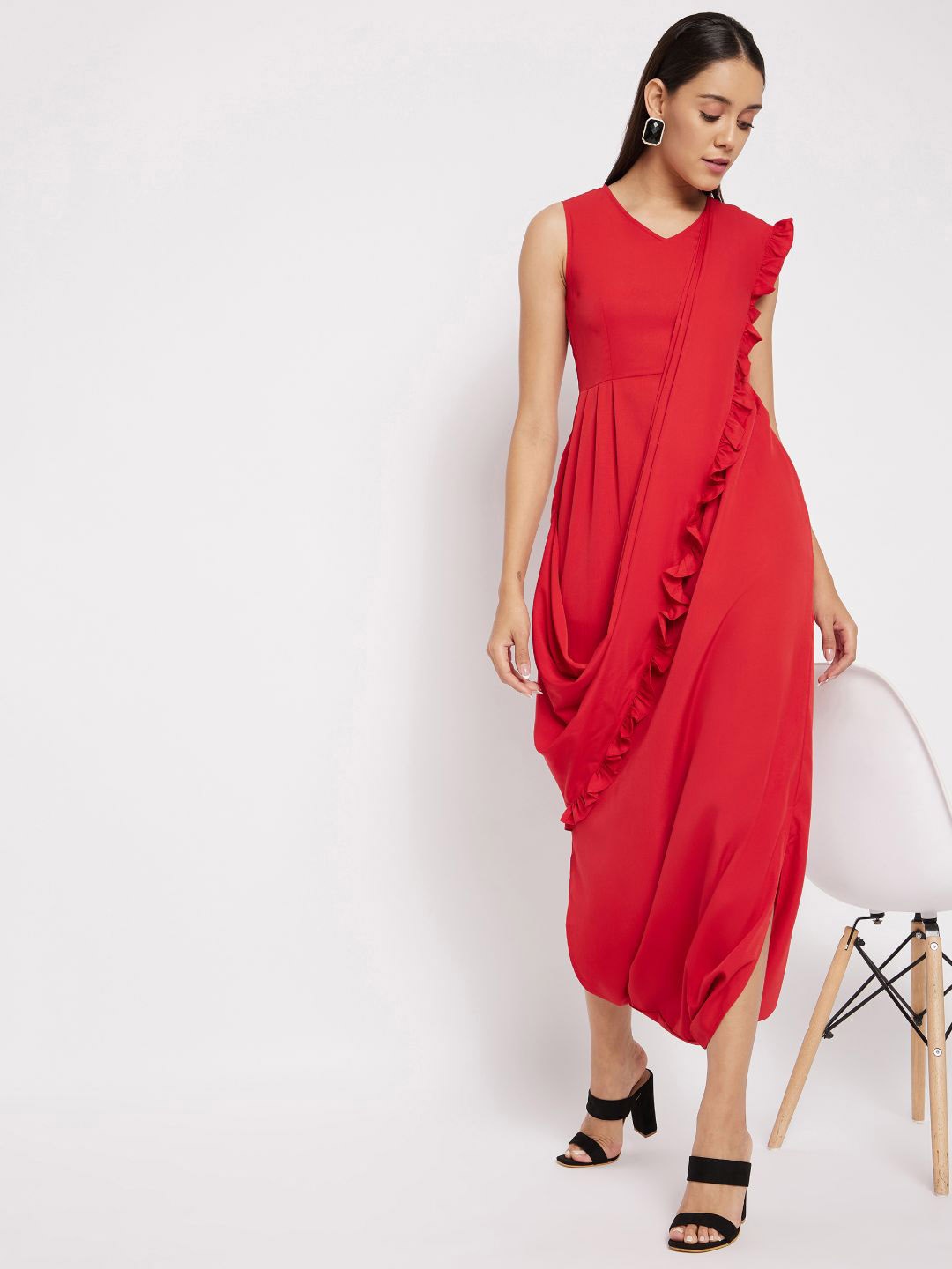

Uptownie Lite Women Red Dhoti Jumpsuit with Dupatta