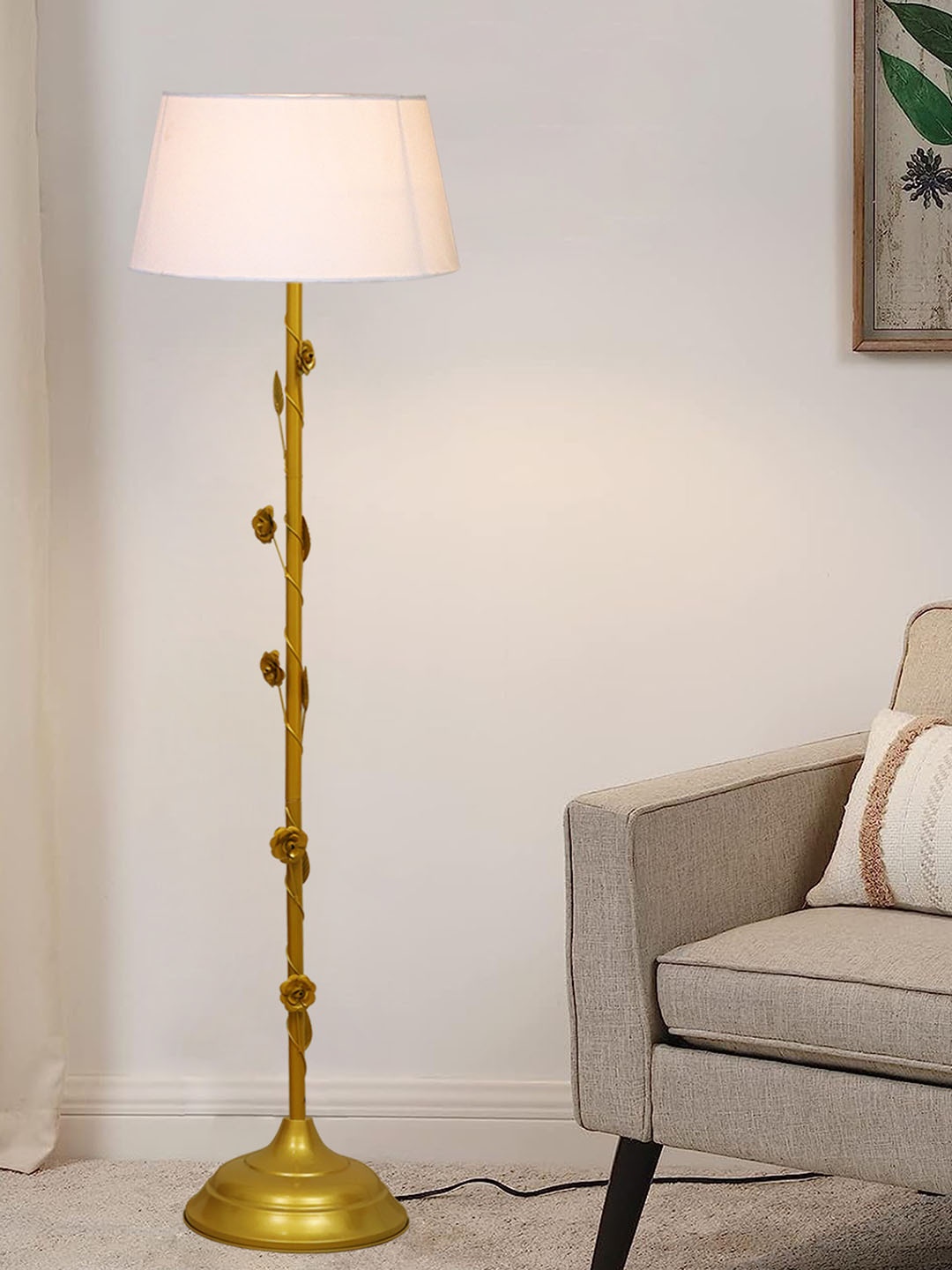

Homesake Floral, Antique Gold Metal Floor Lamp, with Iron Leg& White Shade