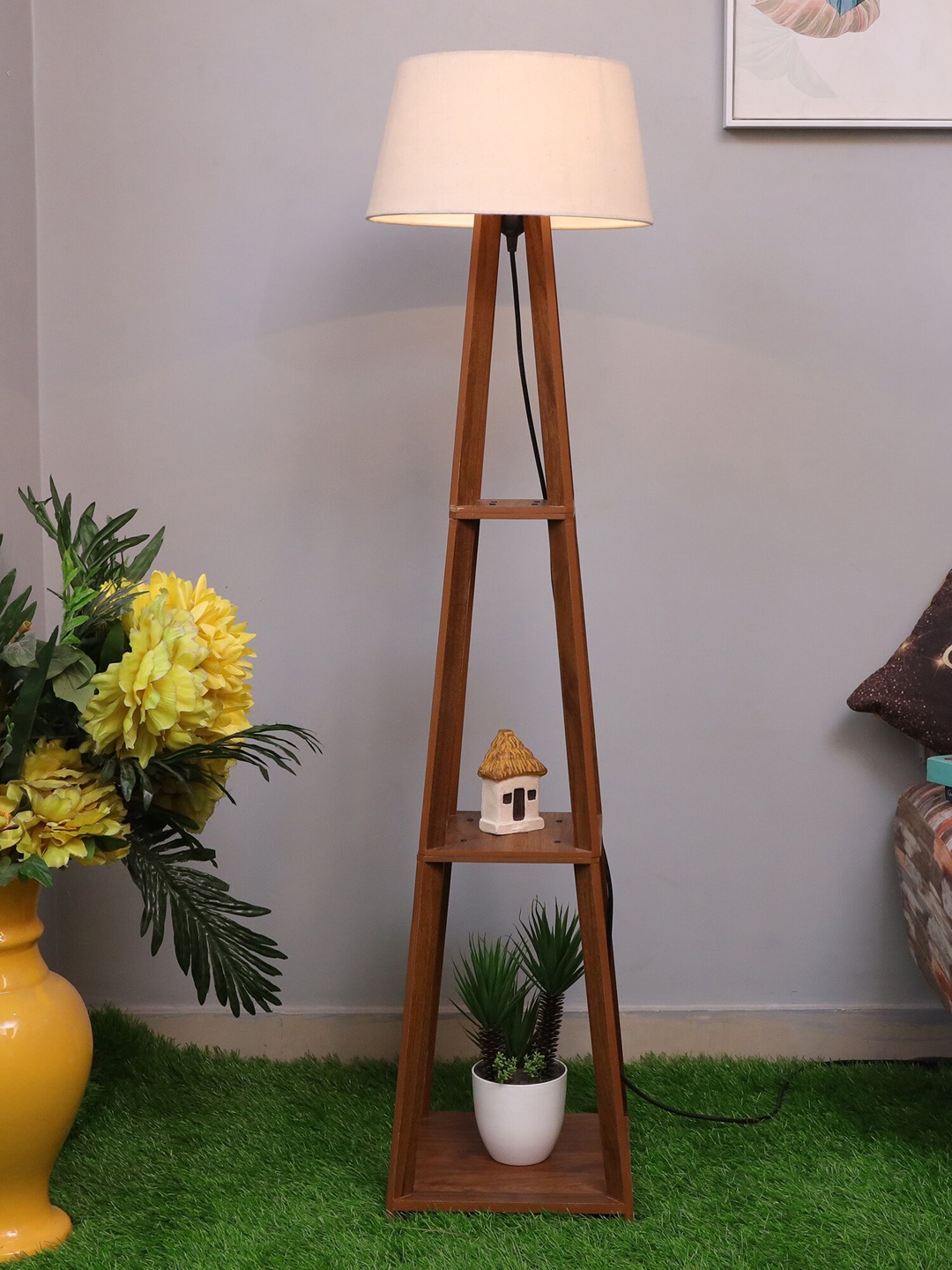 

Homesake Living Room 3 Layer Shelf Space Faraday Wood Floor Lamp, Beige