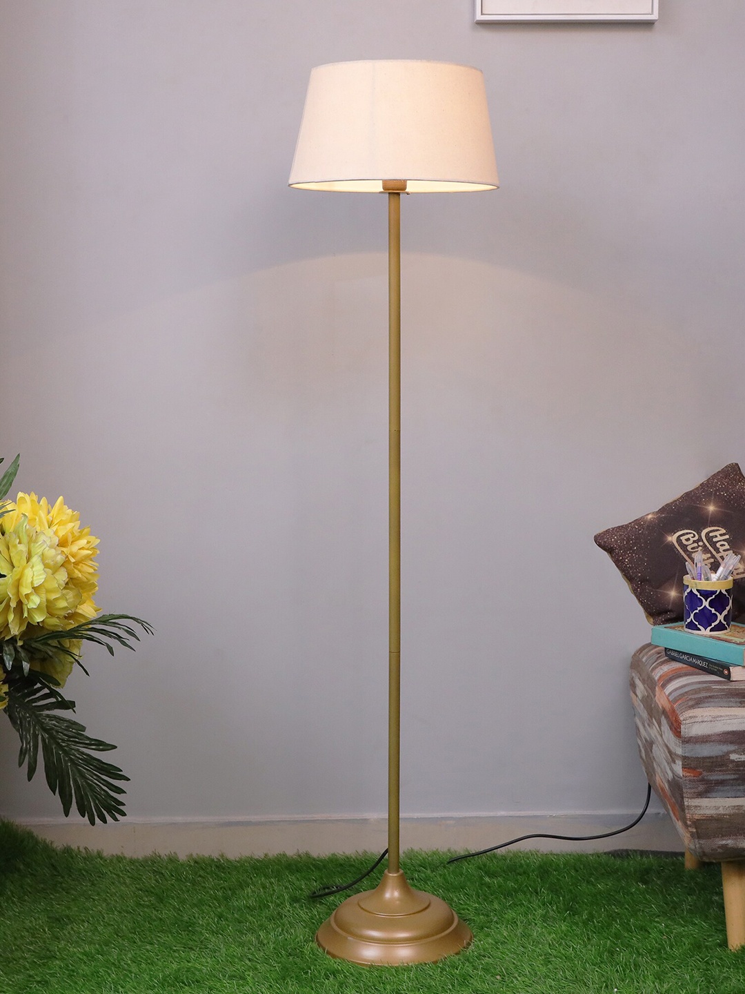 

Homesake Straight Frustum Shaped Antique Gold Metal Floor Lamp With Iron Leg & Shade, Beige