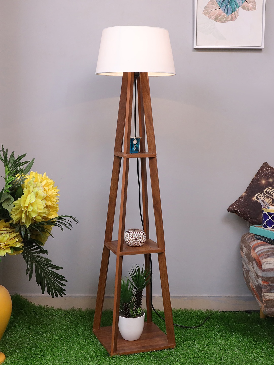 

Homesake Brown & White Contemporary 3 layer Shelf Floor Lamp with Shade