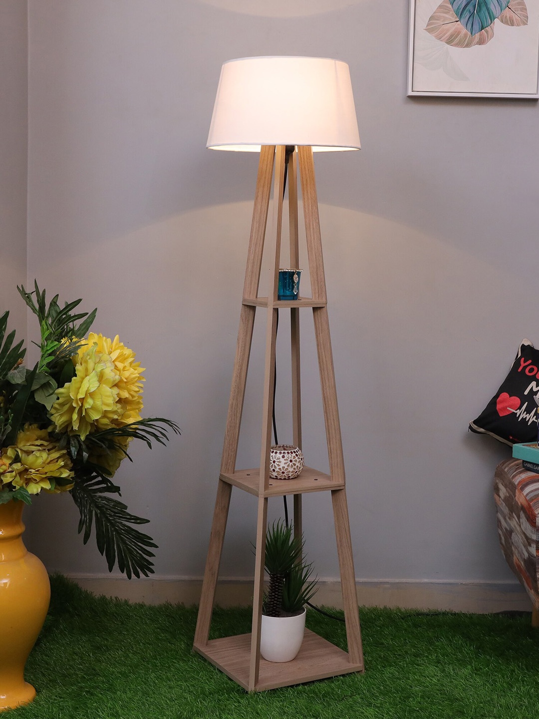 

Homesake White & Beige Faraday Wood Floor Lamp with 3 Layer Shelf Space