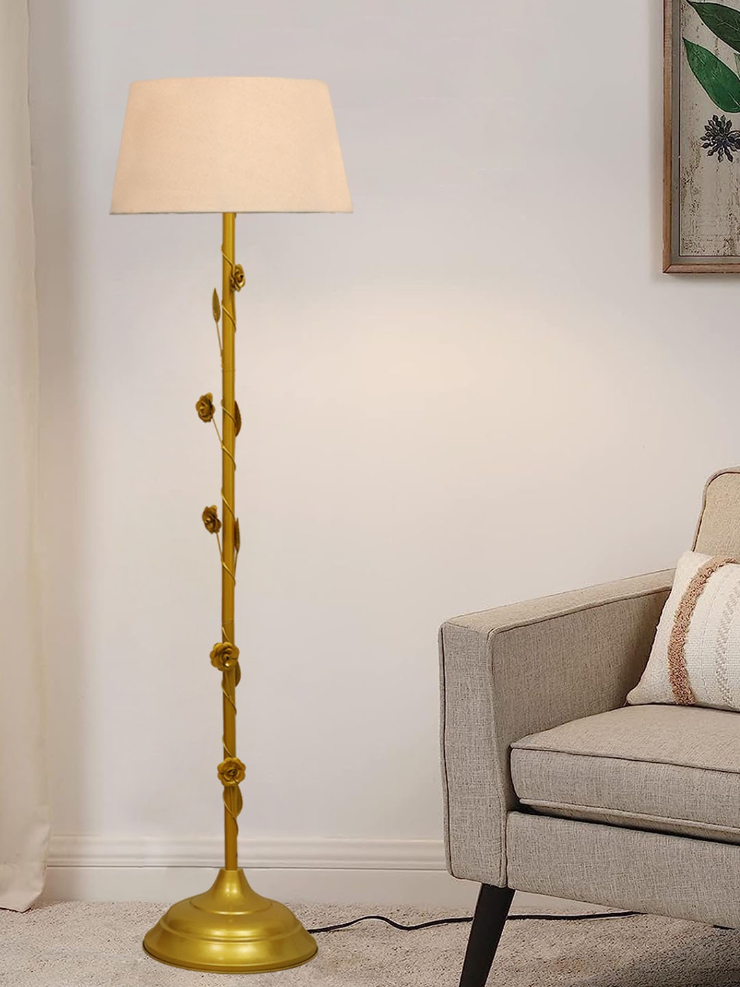 

Homesake Floral, Antique Gold Metal Floor Lamp, with Iron Leg& Khadi Shade, Beige