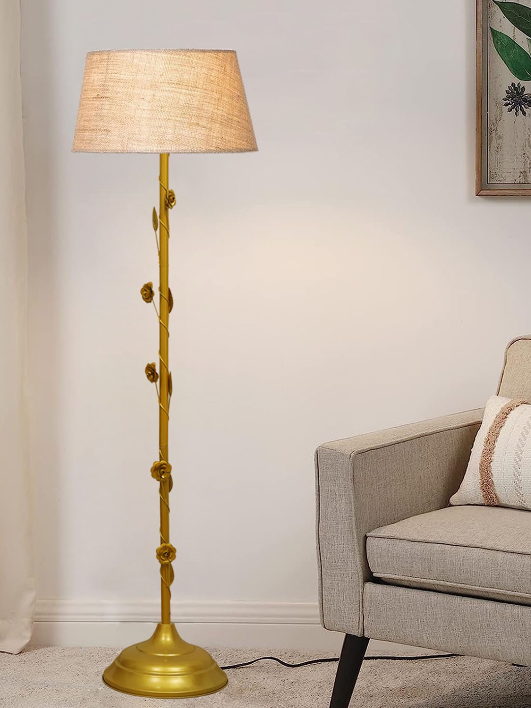 

Homesake Beige & Gold-Toned Solid Contemporary Floor Lamp with Jute Shade