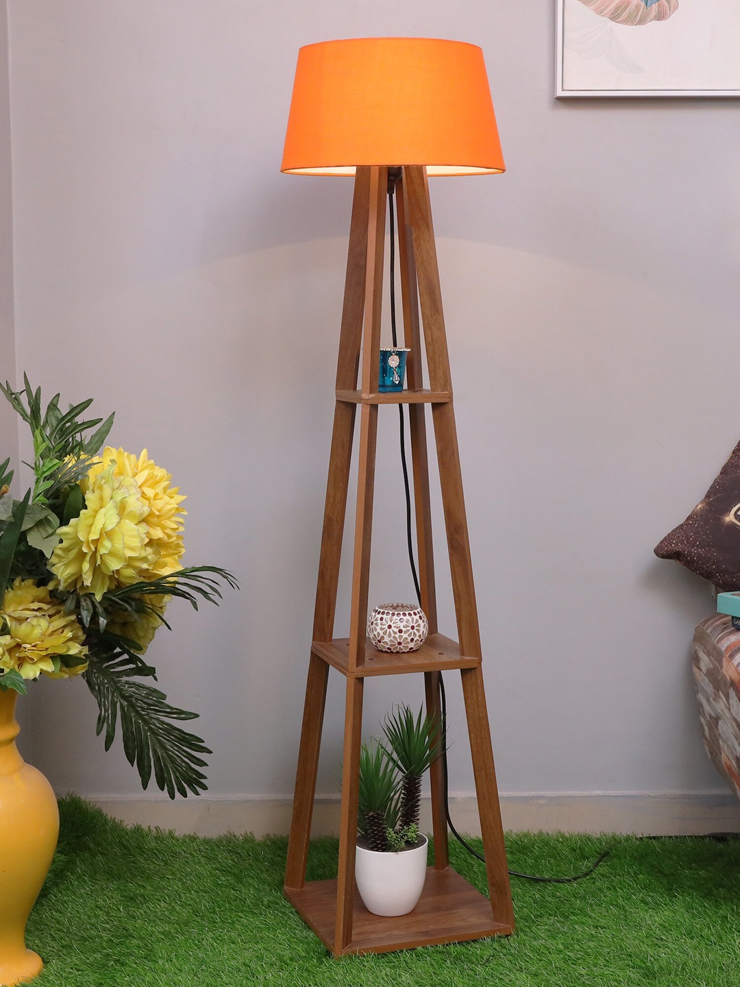 

Homesake Faraday Wood Floor Lamp, Living Room 3 layer shelf space, Walnut, Orange