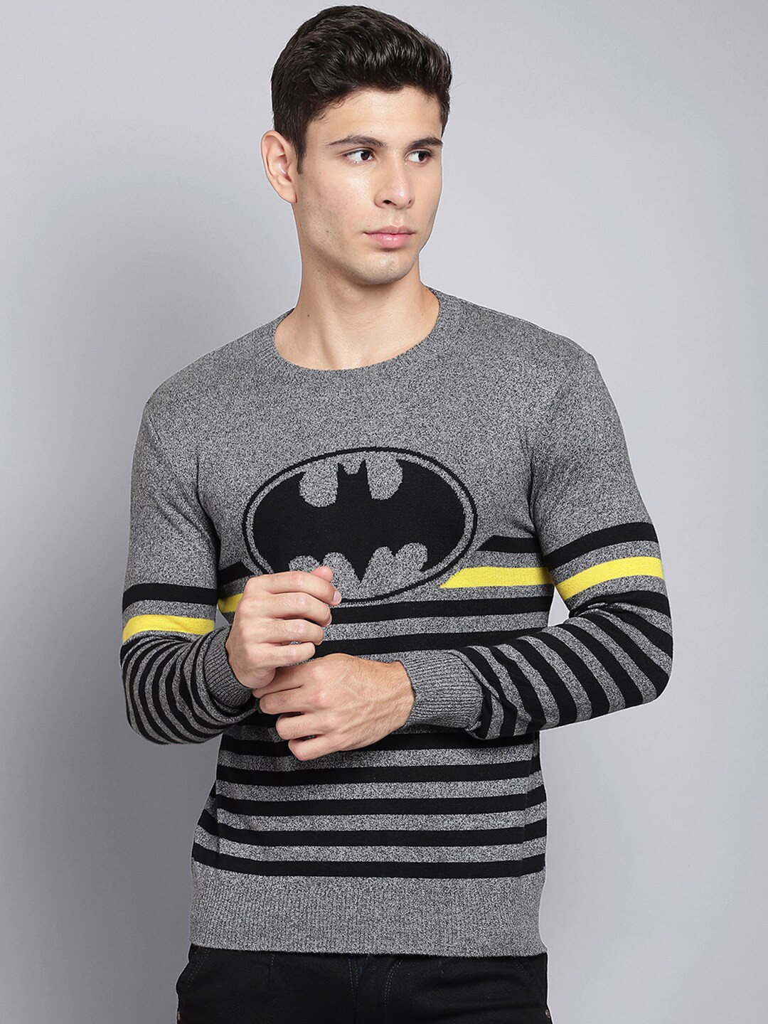 

Free Authority Men Grey & Black Striped Batman Pullover