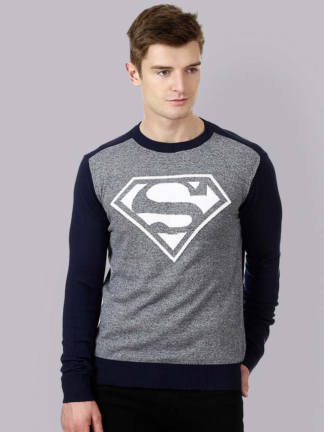 

Free Authority Men Navy Blue & Grey Superhero Superman Printed Pullover Sweater