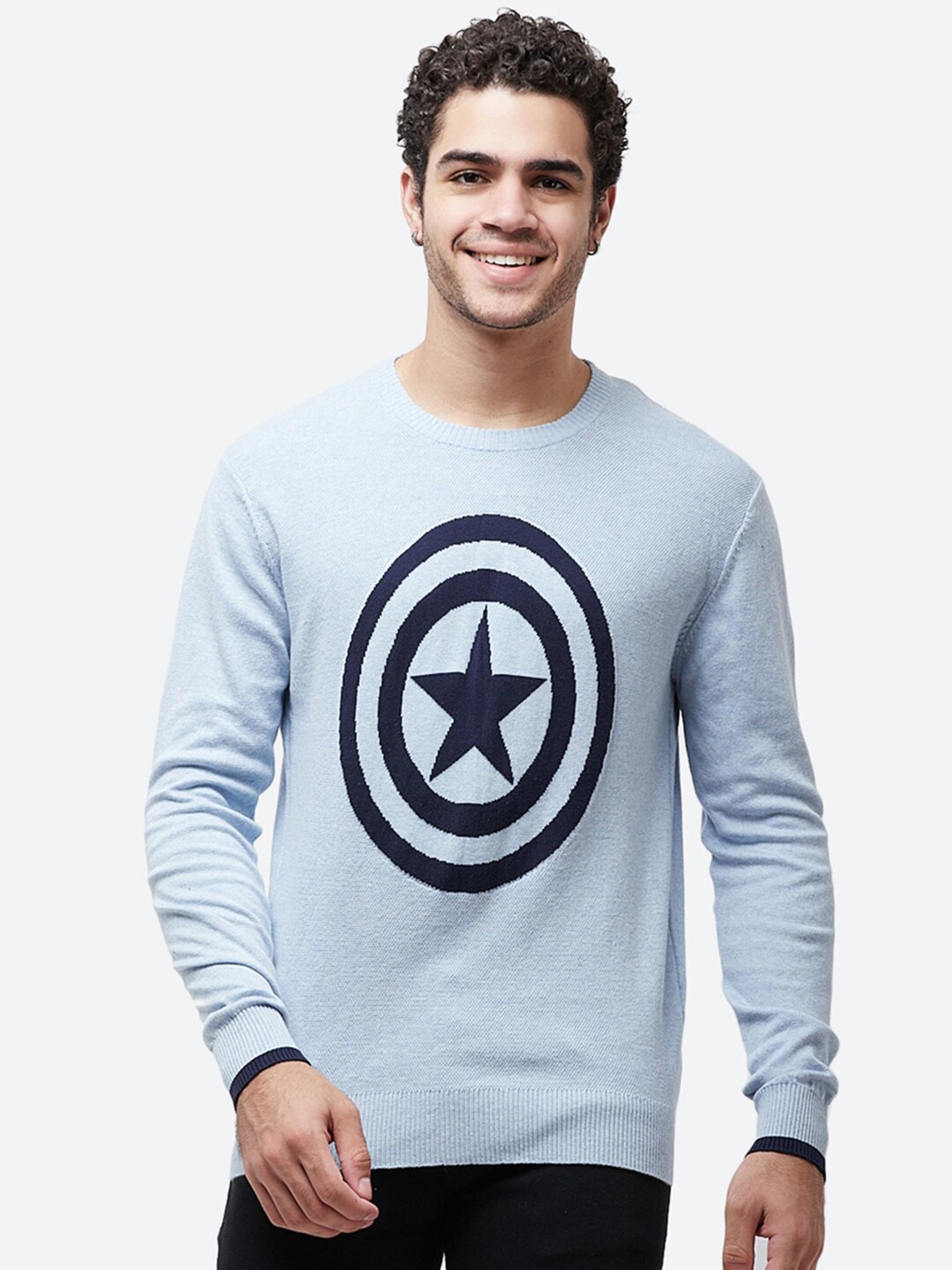 

Free Authority Men Blue Captain America Logo Printed Pure Cotton Pullover Sweater