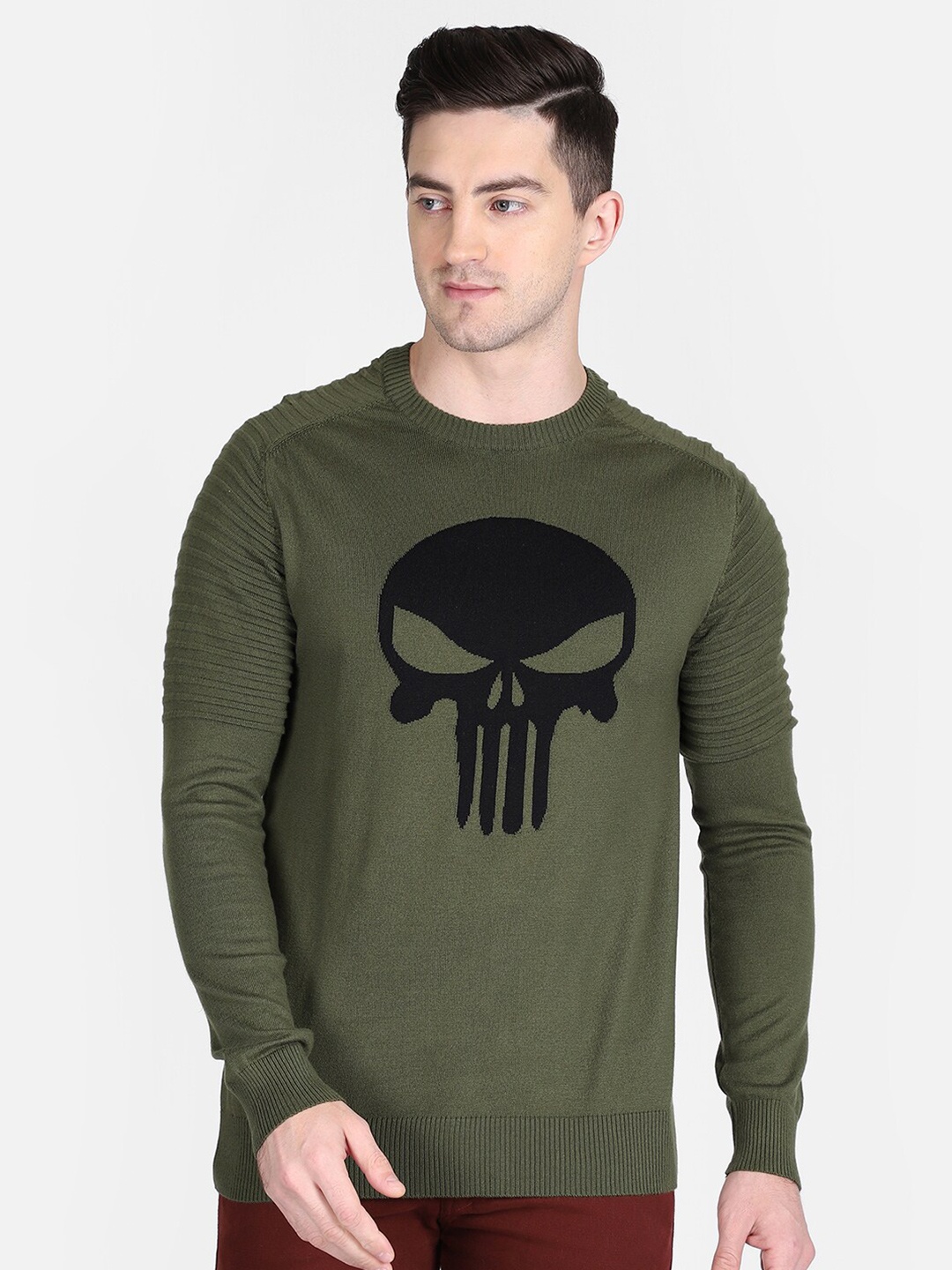 

Free Authority Men Olive Green & Black Printed Punisher featured Cotton Pullover