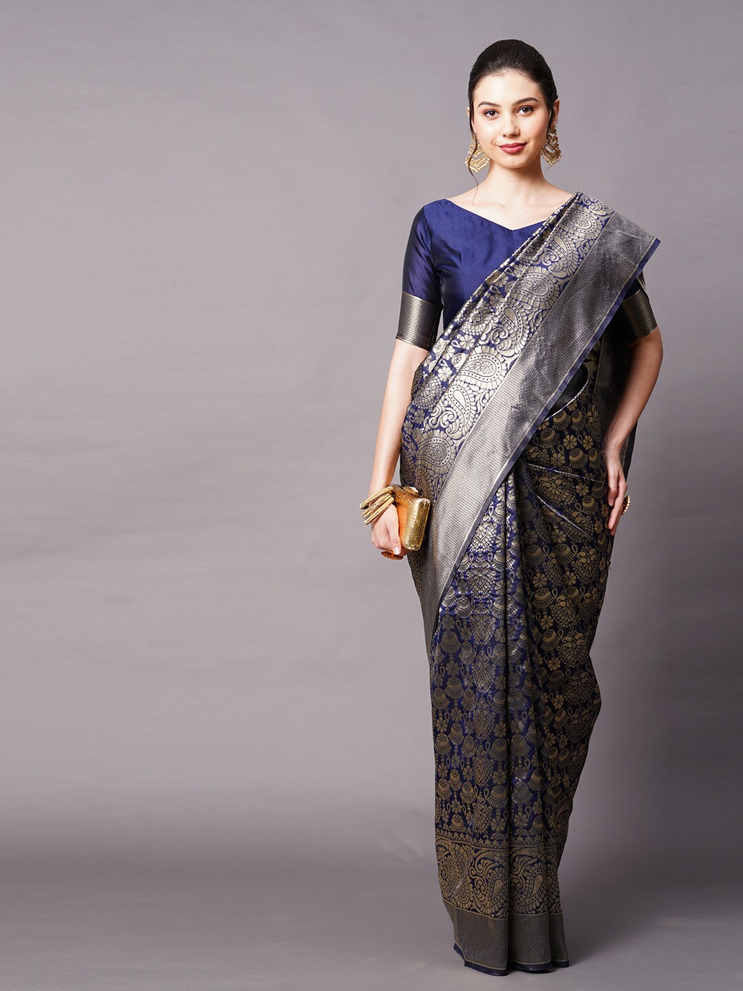 

Mitera Navy Blue & Gold-Toned Silk Blend Ethnic Motifs Woven Designed Banarasi Saree