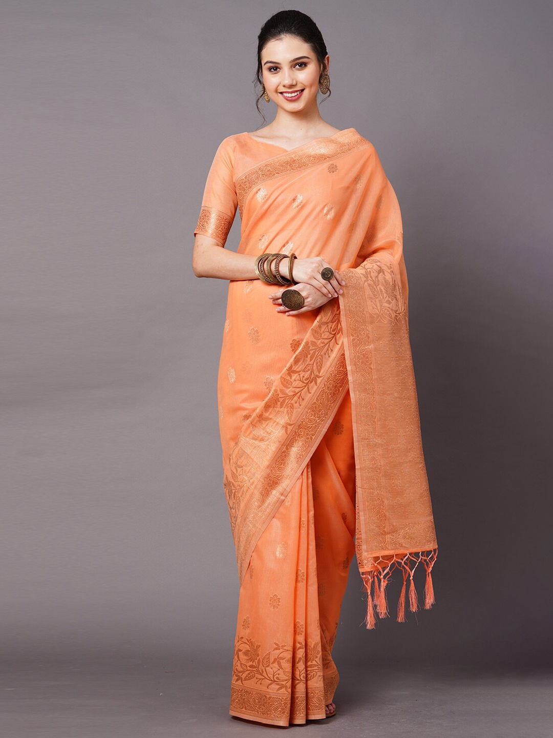 

Mitera Women Peach Woven Design Saree with Blouse