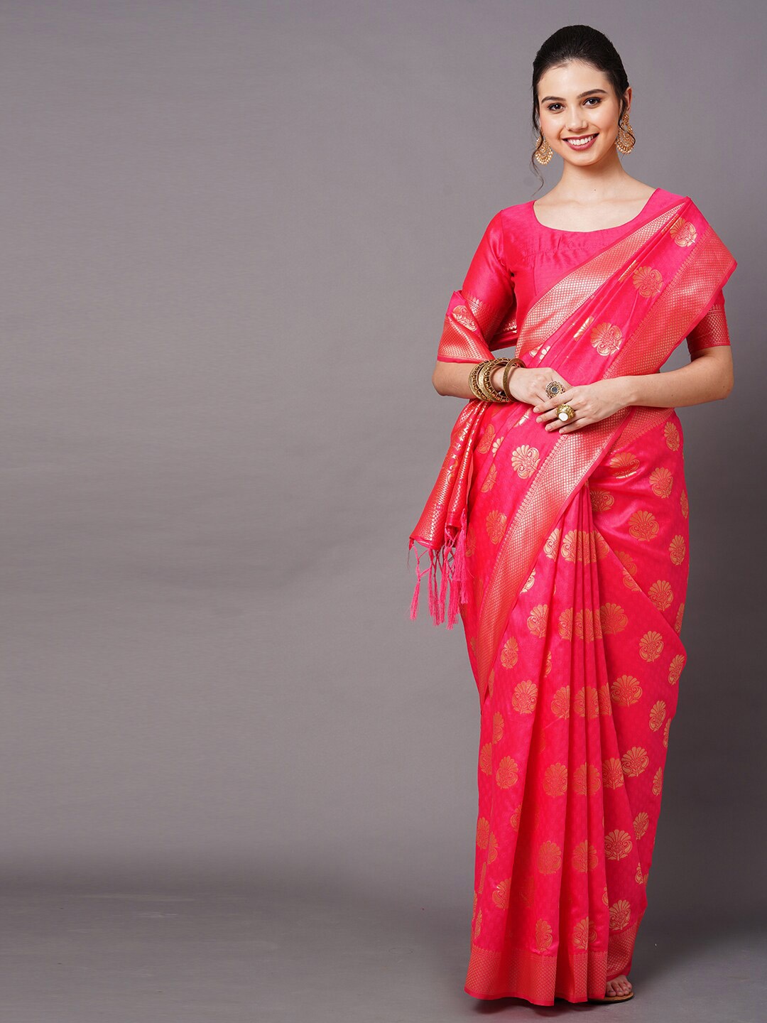 

Mitera Pink & Gold-Toned Woven Design Zari Silk Blend Banarasi Saree