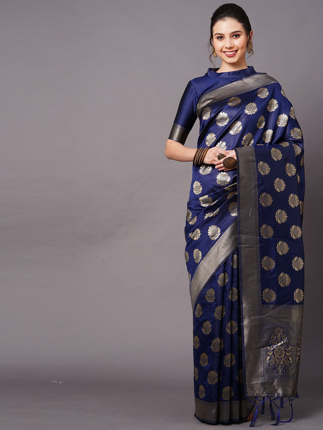 

Mitera Navy Blue & Gold-Toned Woven Design Zari Silk Blend Banarasi Saree