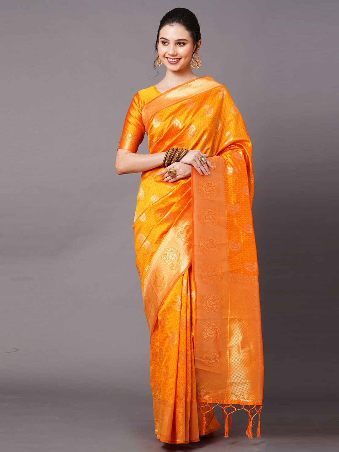 

Mitera Yellow & Gold-Toned Woven Design Zari Silk Blend Banarasi Saree