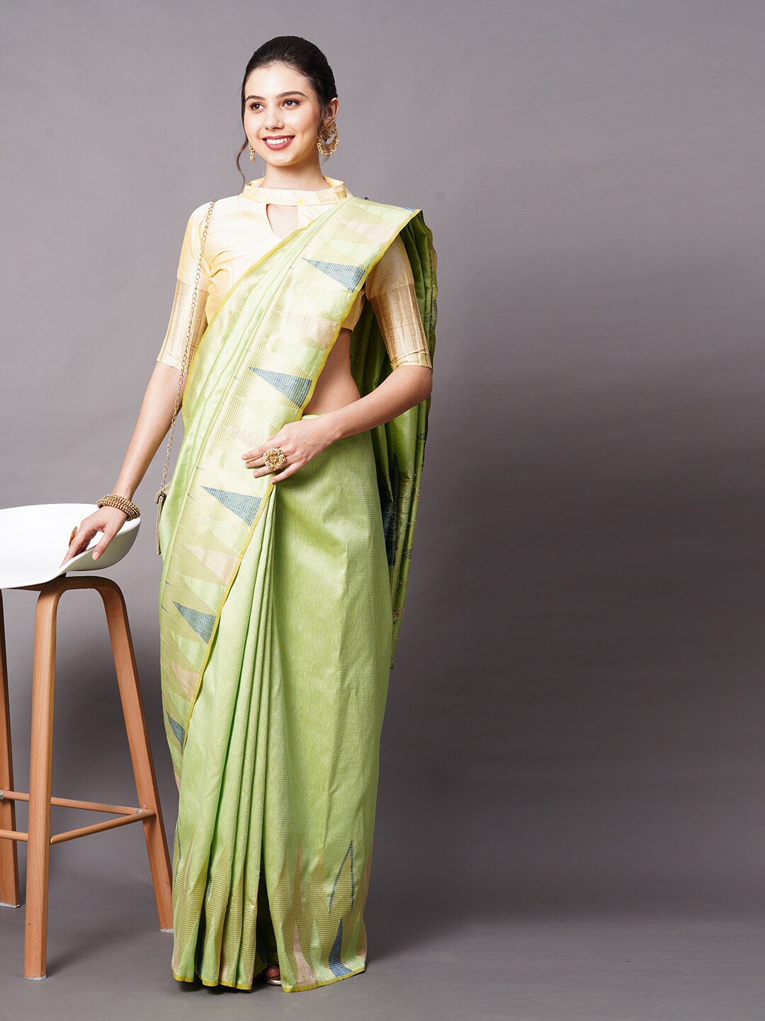 

Mitera Green & Blue Silk Cotton Geometric Woven Designed Saree