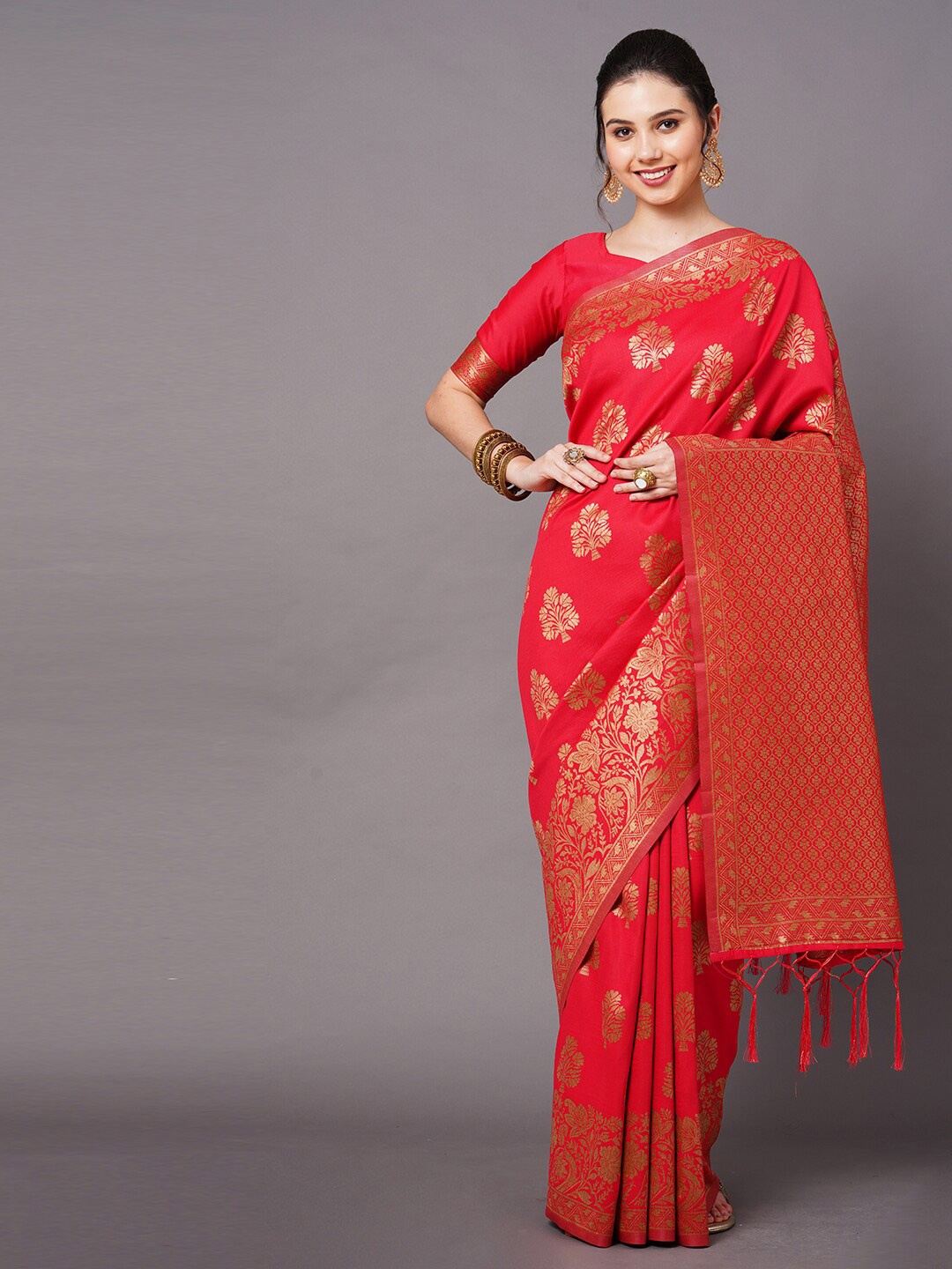 

Mitera Women Red Silk Blend Woven Design Saree with Blouse