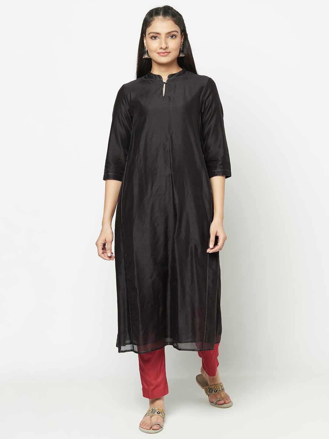 

Fabindia Women Black Slim Fit Solid Festive A-Line Kurta
