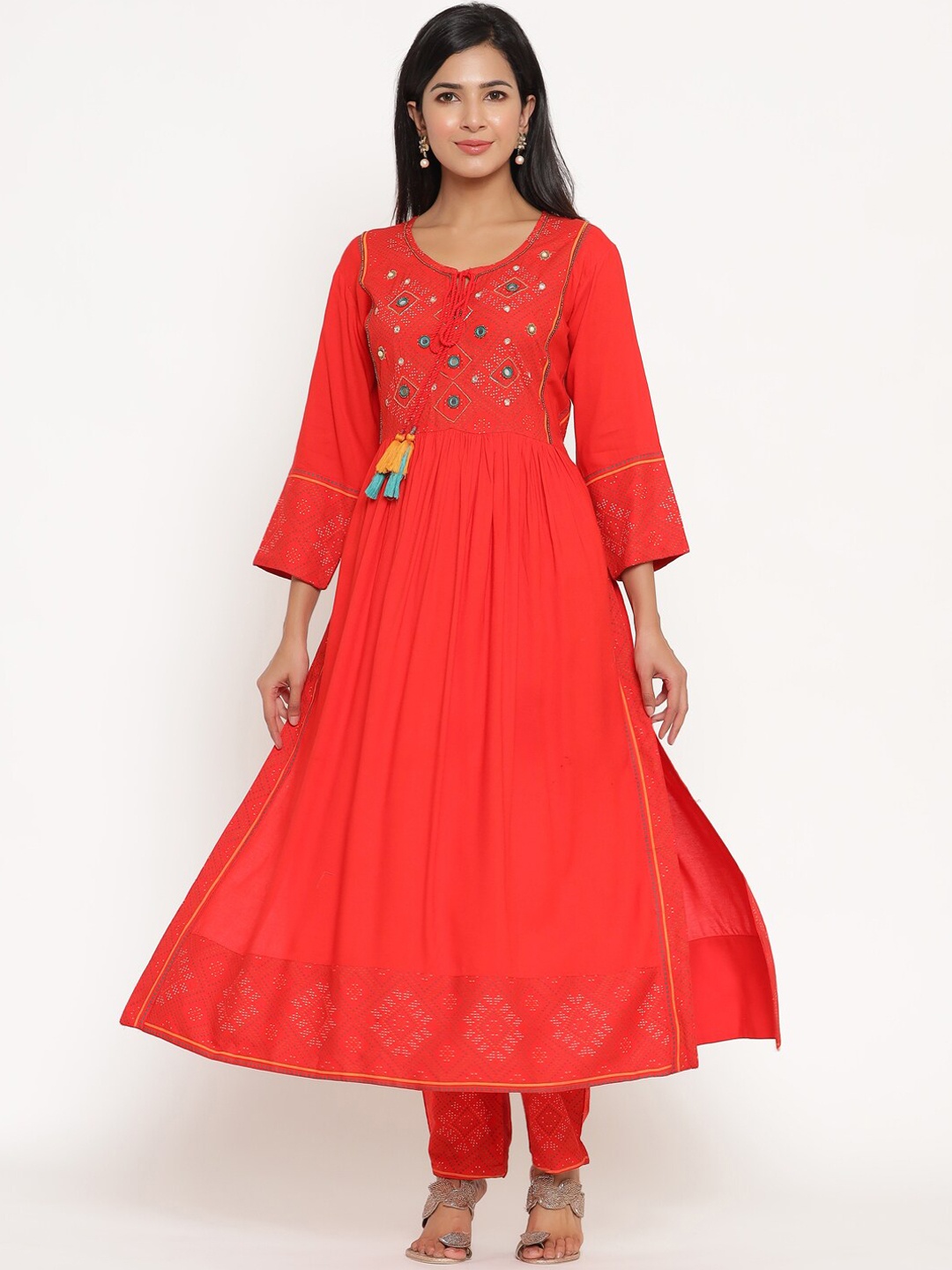 

ANAISA Women Red Embroidered Panelled Anarkali Kurti with Trousers