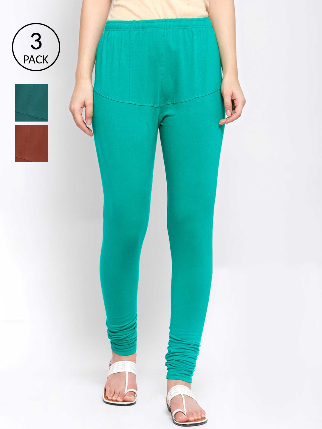 

KLOTTHE Women Pack Of 3 Solid Cotton Churidar-Length Leggings, Green