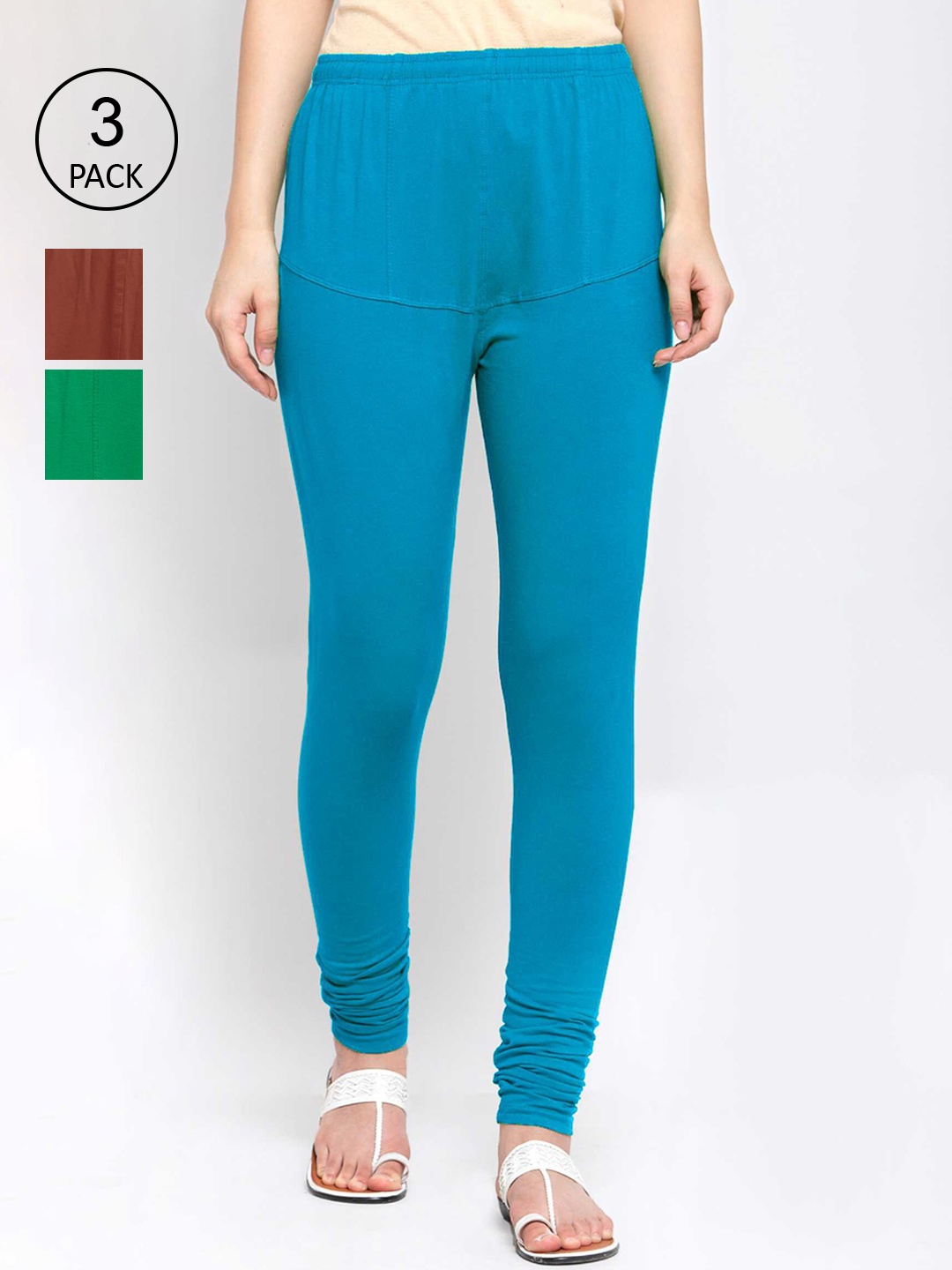 

KLOTTHE Women Pack Of 3 Solid Cotton Churidar-Length Leggings, Blue