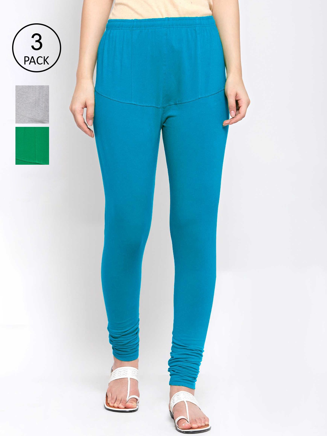 

KLOTTHE Women Pack Of 3 Solid Cotton Churidar-Length Leggings, Blue