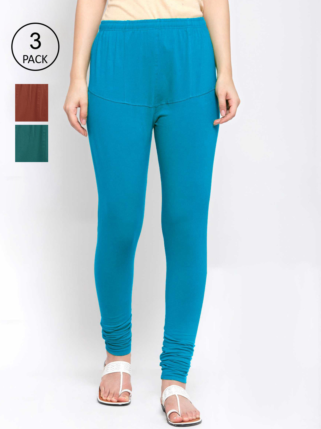 

KLOTTHE Women Pack Of 3 Solid Cotton Churidar-Length Leggings, Brown