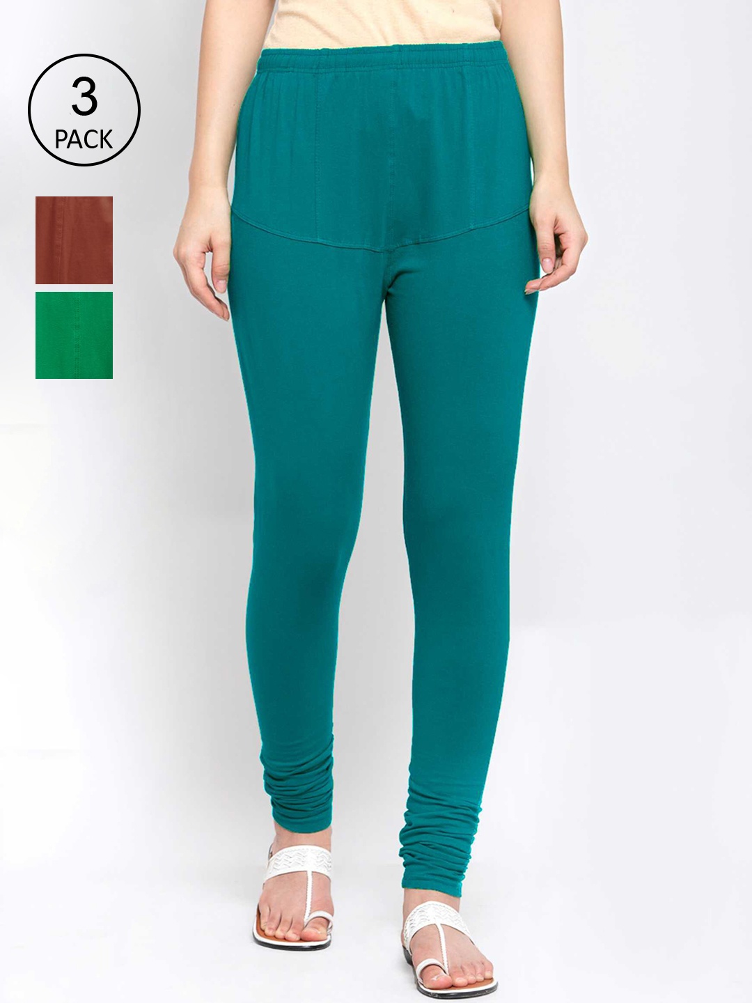 

KLOTTHE Women Pack Of 3 Solid Cotton Churidar-Length Leggings, Green